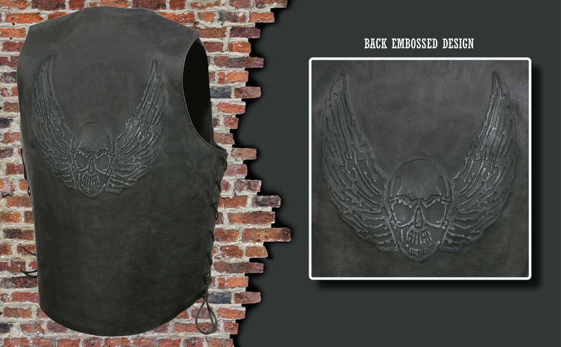 EVENT LEATHER ELM3905 Men's 'Mayhem' 100% Genuine Motorcycle Leather Vest | Biker Vests with Embossed Skull & Wing - Medium - Image 2